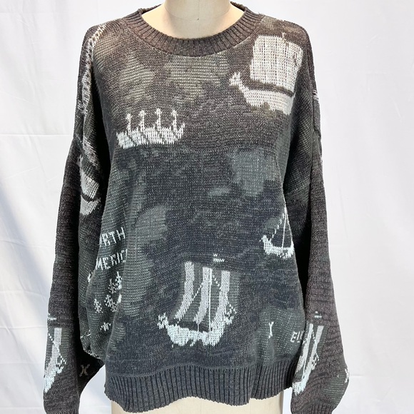 VINTAGE Viking sail ship global war map knit sweater crewneck history 80s 90s - Picture 12 of 15